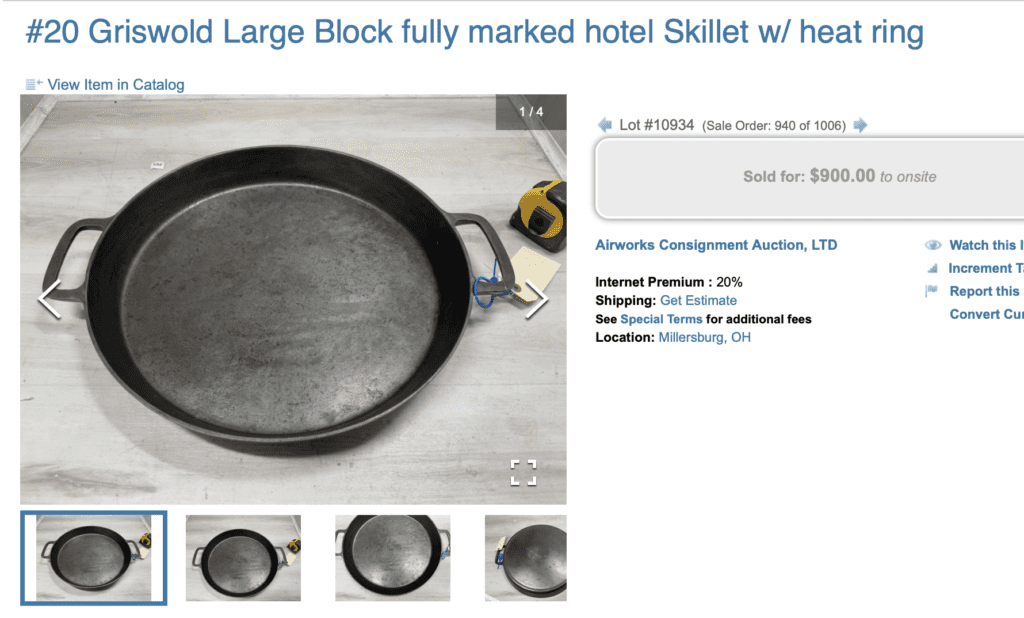 Griswold number 20 "Hotel Skillet" large block logo EPU cast iron double-handed pan , pattern number 728. Sold for $900. 